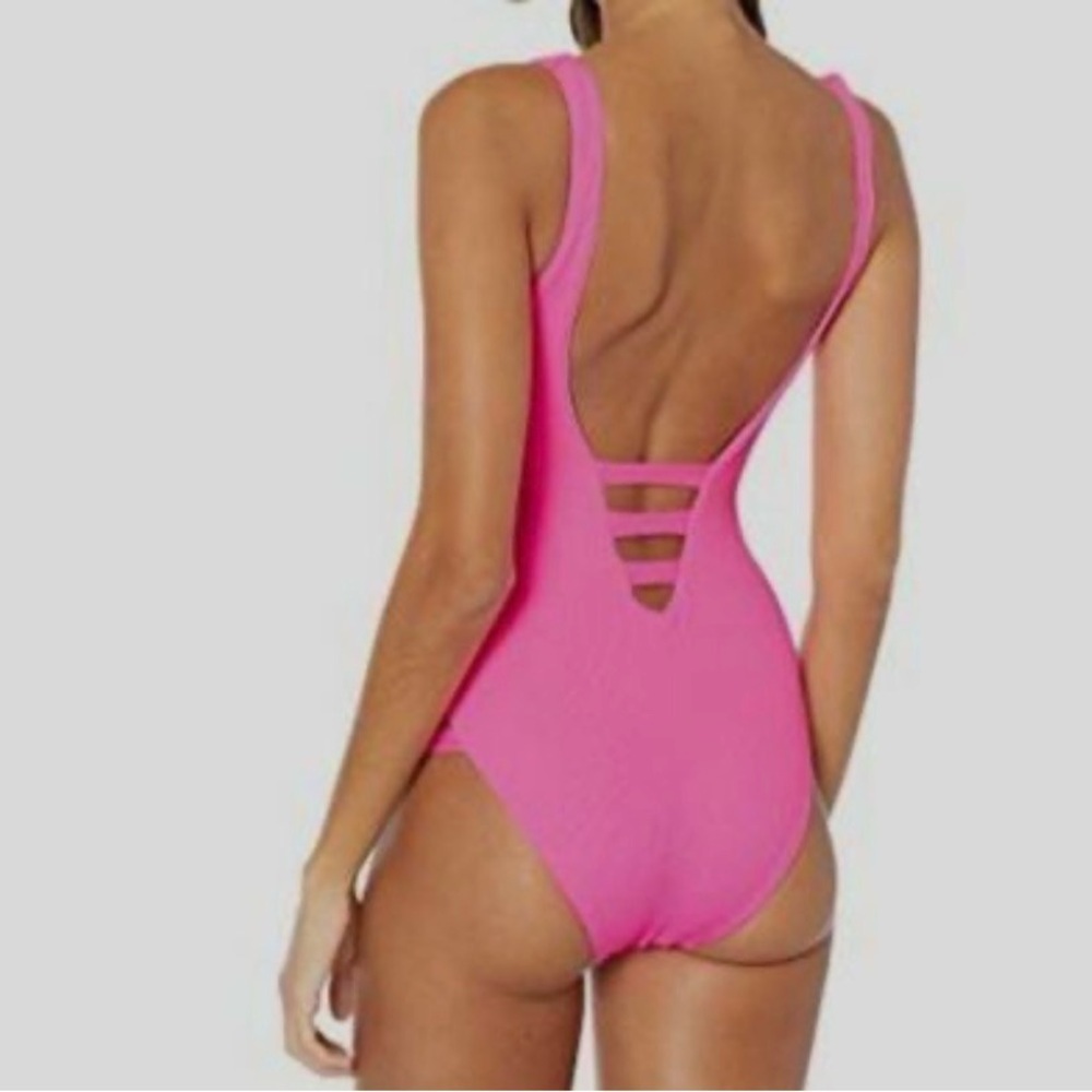 BECCA By Rebecca Virtue Pink One Piece Ribbed Strappy Cut Out Swimsuit — Large